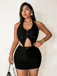 Zolique Button Front Halter Top & Bodycon Skirt - Black - View 3