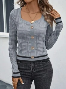 SHEIN LUNE 條紋圖案紐扣細節套頭毛衣 - 灰色 - 查看 6