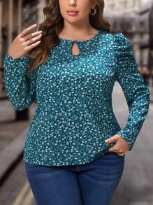 SHEIN Clasi 大碼碎花鎖眼領羊腿袖襯衫 - 彩色 - 查看 3