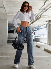 SHEIN EZwear High Waist Straight Leg Jeans - Multicolor - View 3