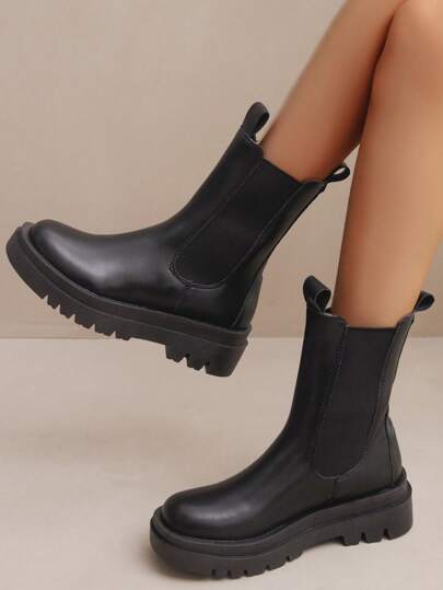 Women's Mid-calf Boots,Women's black minimalist solid color medium tube boots, versatile outdoor autumn and winter knight boots