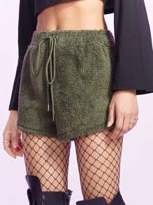 The Powerpuff Girls | ROMWE Shorts con bordado de estrella teddy - Verde militar - Ver 5