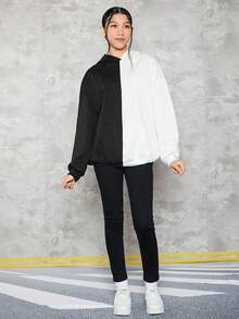 少女蝴蝶印花双色落肩卫衣 - 黑與白 - 查看 4