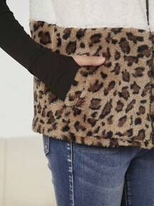 Tienermeisje Luipaardpatroon Kleurblok Met rits Teddy Vest jas