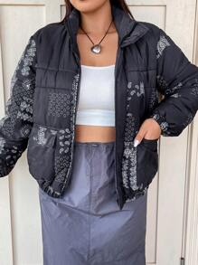 Flirla Plus Paisley Scarf Print Zip Up Padded Padded Coat Clothes Winter Fall Cloth For Women - Black - View 4