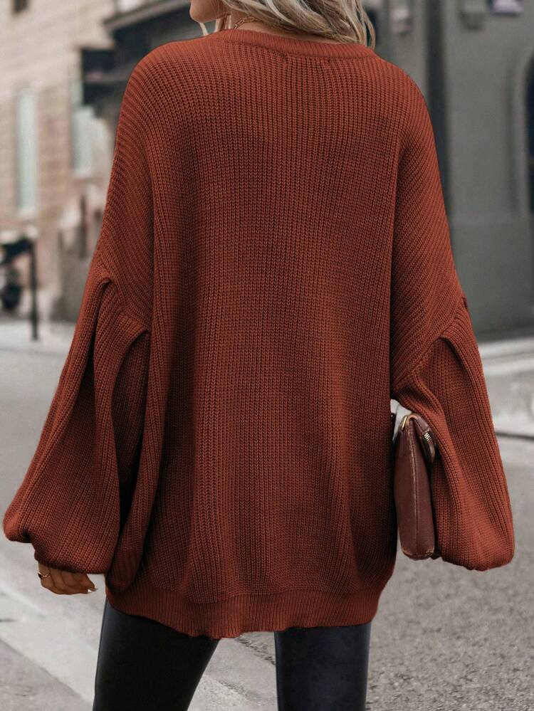 Solid Batwing Sleeve Ribbed Knit Sweater,Long Sleeve Tops In Fall/Winter,Casual