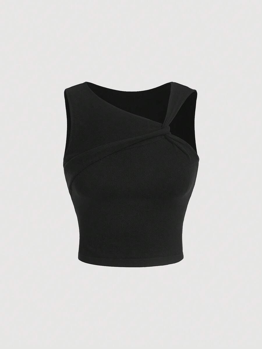 SHEIN MOD Áo dệt kim cổ bất đối xứng rắn - màu đen - Xem 1