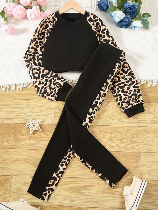 SHEIN Tween Girl Leopard Print Raglan Sleeve Pullover & Leggings