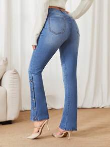 Selenza Button Detail Flare Leg Jeans  ,Butt Lifting Jeans Women - Light Wash - View 5