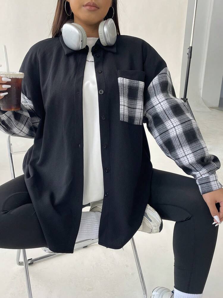 Plus Plaid Print Drop Shoulder Coat
