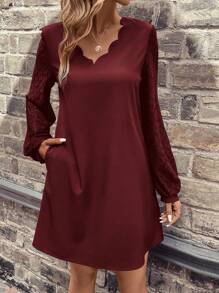 SHEIN LUNE 圓點貝殼邊燈籠袖隱藏口袋洋裝 - 酒紅色 - 查看 4