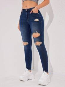 SHEIN EZwear 破洞緊身牛仔褲 - 深色水洗藍 - 查看 5
