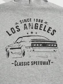 Manfinity RebelGame Loose Fit Men's Car & Letter Printed Drawstring Hooded Sweatshirt With Thermal Lining - Grey - View 3