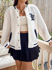 Flirla Hơn Thêu Chữ Sọc trang trí Thả vai Teddy Áo khoác bomber - Nhiều màu - Xem 6