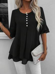 EMERY ROSE Flare Sleeve Half Button Blouse - Black - View 3