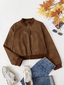 SHEIN EZwear Plus Zip Up Bomber Jacket - Brown - View 1