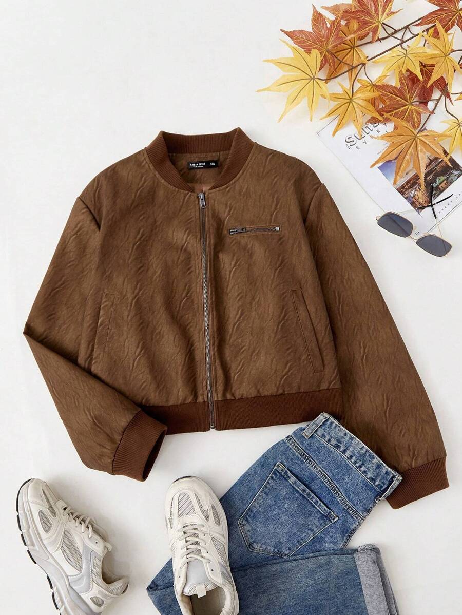 SHEIN EZwear Plus Zip Up Bomber Jacket - Brown - View 1