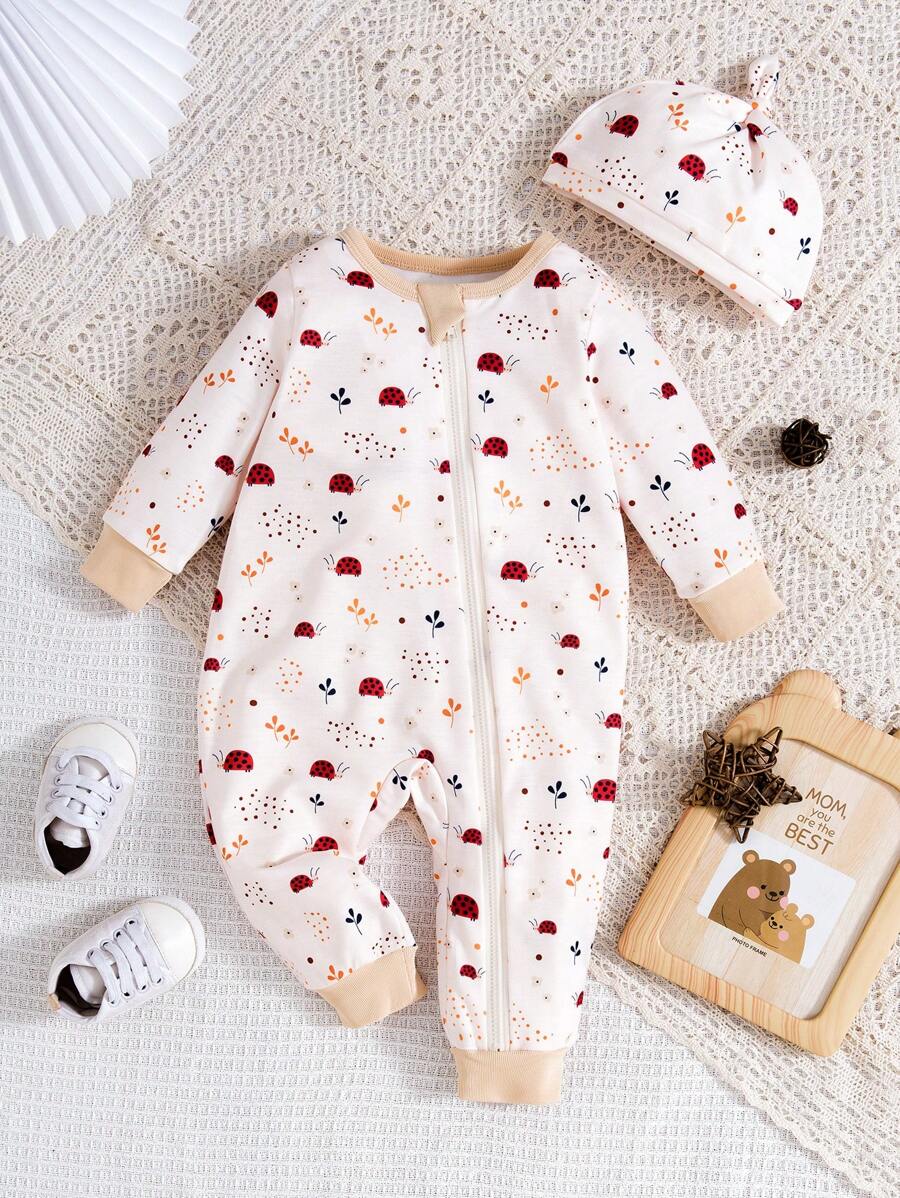 女嬰卡通圖案拉鏈開襟連身褲&帽 - 杏色 - 查看 1