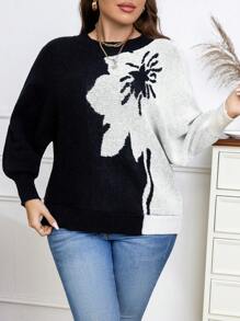 SHEIN Unity 加大码双色蝙蝠袖针织套头衫秋冬毛衣 - 彩色 - 查看 5