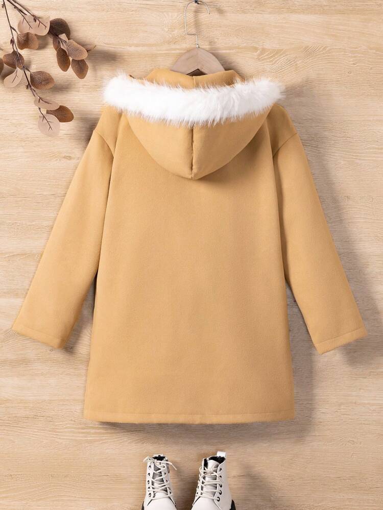Tween Girl 1pc Fuzzy Trim Hooded Duffle Overcoat