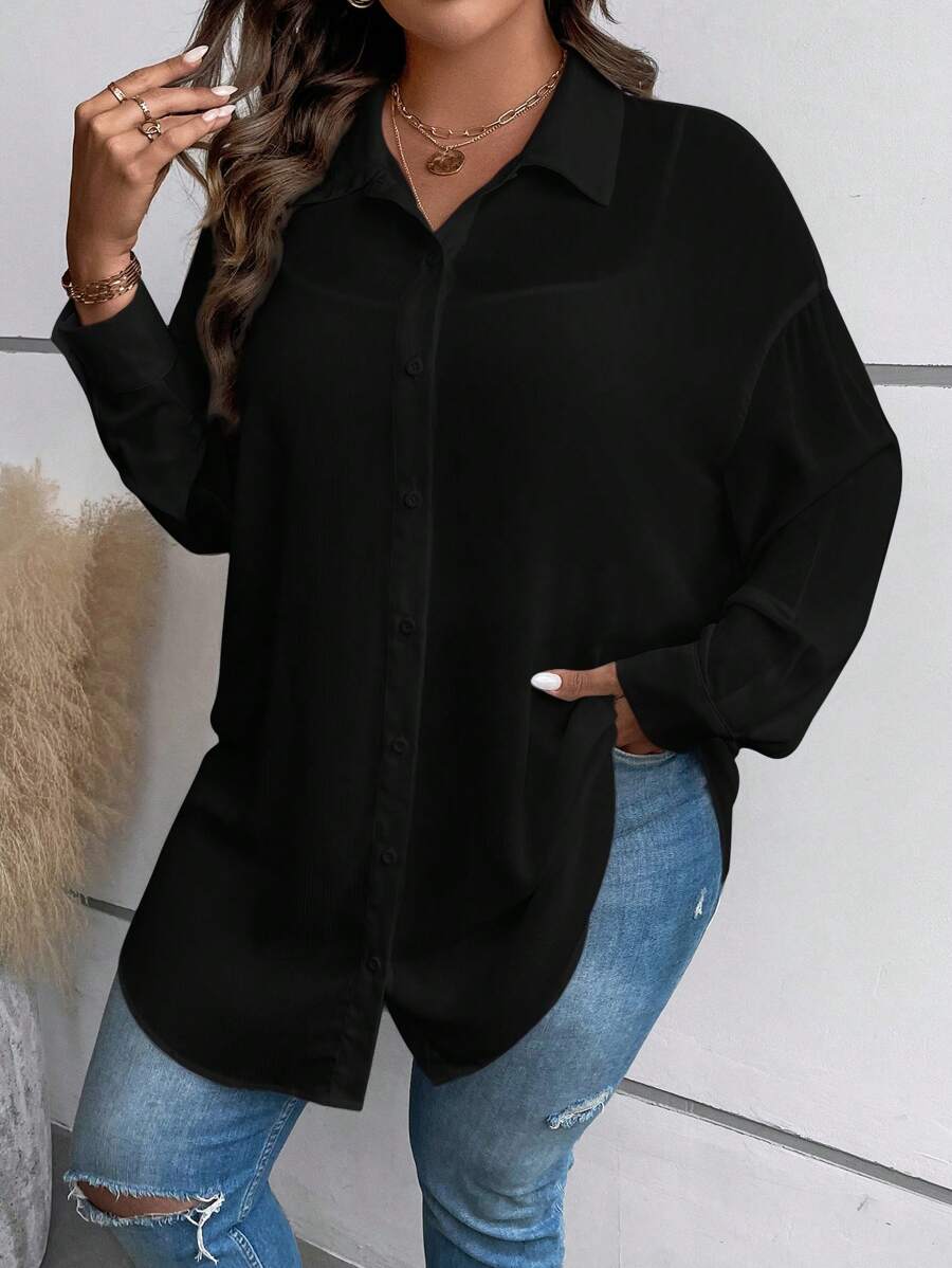 SHEIN LUNE 大碼落肩袖前紐扣襯衫 - 黑色 - 查看 1