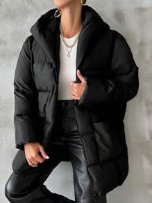 SHEIN Cottnline Zip Up Hooded Puffer Coat - Black - View 1