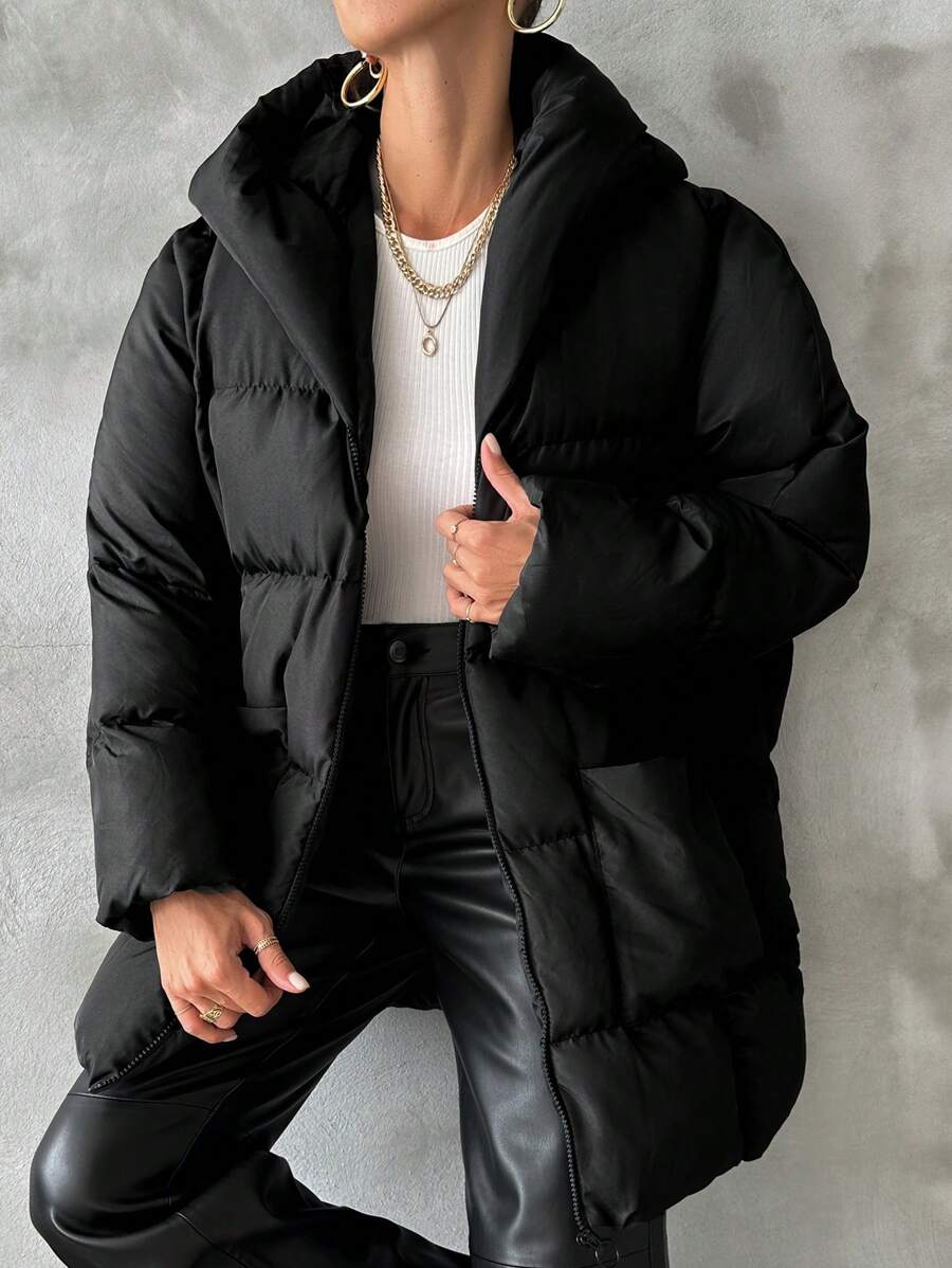 SHEIN Cottnline Zip Up Hooded Puffer Coat - Black - View 1