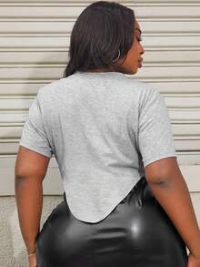 Slaydiva 大碼流蘇邊不對稱下擺T恤 - 灰色 - 查看 2