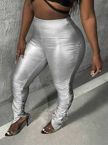 Slaydiva High Waist Ruched Side Ruched Hem PU Leather Leggings