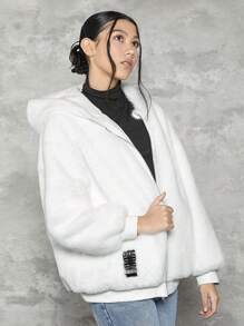 青少年女孩字母貼布落肩袖連帽毛絨夾克 - 白色 - 查看 4