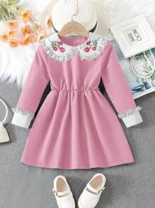 SHEIN Cô Gái Trẻ In hoa Trang trí ren Peter-pan cổ áo Đầm - Hồng - Xem 1