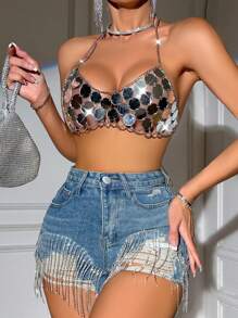 Allurite Sequin Decor Crop Halter Top - Silver - View 3