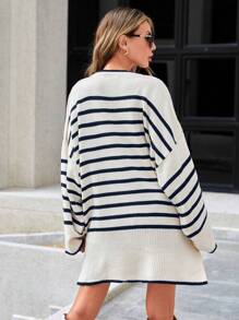 EURMUSE Striped Pattern Drop Shoulder Split Hem Oversized Sweater - Navy Blue - View 2
