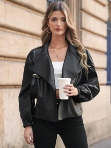 SHEIN Frenchy 落肩袖PU皮革夾克 - 黑色 - 查看 5