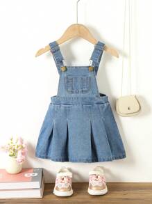Baby Girl Pocket Front Pleated Hem Overall Denim Overall Dress - Medium Wash - View 1