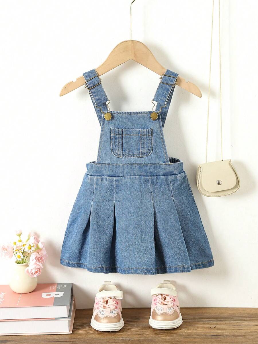 Baby Girl Pocket Front Pleated Hem Overall Denim Overall Dress - Medium Wash - View 1