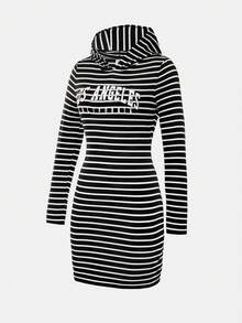 SHEIN Teen Girl Striped & Letter Graphic Hooded Dress - Black and White - View 4