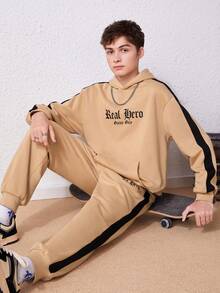 SHEIN 青少年男孩字母圖案拼接側邊接縫連帽衫和運動褲 - 駝色 - 查看 4