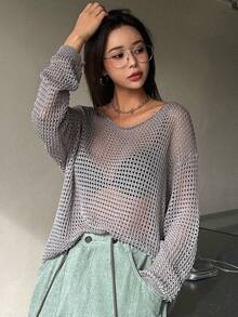 DAZY Solid Drop Shoulder Open Knit Sweater - Light Grey - View 7
