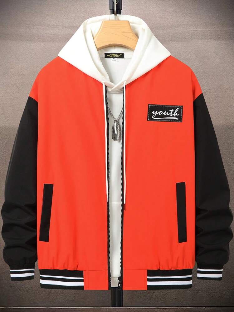 Loose Fit Men's Varsity Jacket Without Hoodie, With Letter Patch And Striped Trim