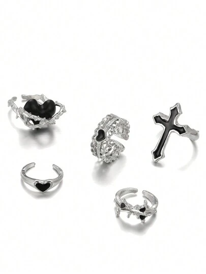 ROMWE Goth 5pcs Funky Zinc Alloy Cross & Heart Decor Ring For Women For Daily Decoration Valentines