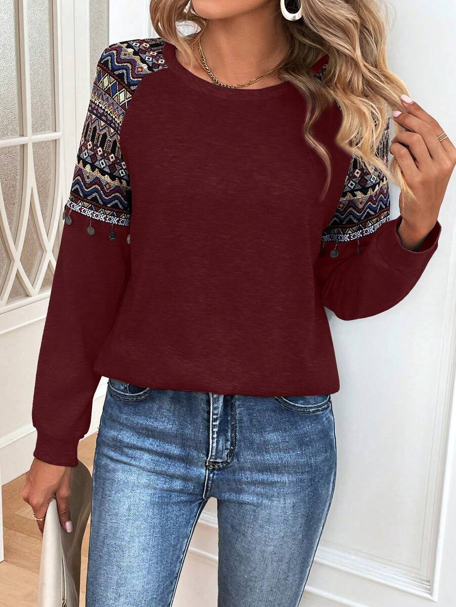 SHEIN LUNE Sudadera con estampado geométrico de manga raglán - Burdeos - Ver 1