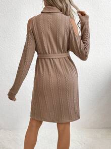 SHEIN Maternity Turtleneck Cold Shoulder Belted Dress - Camel - View 2