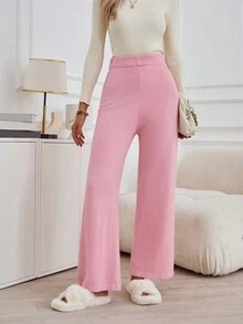 SHEIN Essnce Chất rắn quần ống rộng Đan Quần - Hồng - Xem 5