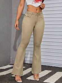 SHEIN ICON Slant Pocket Flare Leg Jeans - Khaki - View 5