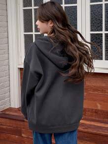 DAZY Letter Graphic Drop Shoulder Drawstring Zipper Hoodie