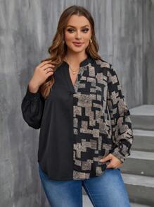 SHEIN LUNE Plus Size Women's Patchwork Printed Shirt With V-neckline - Multicolor - View 3