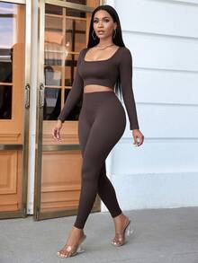 Square Neck Crop Tee & Leggings - Coffee Brown - View 6