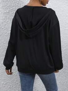 Chiquease Lace Up Front Kangaroo Pocket Drop Shoulder Sweatshirt - Black - View 2