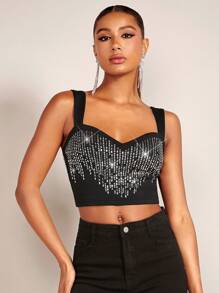 SHEIN BAE Rhinestone Detail Crop Cami Top - Black - View 3